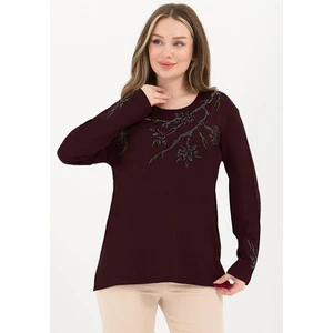 Kadın Orta Yaş ve Üzeri Viskon Renkli Yaprak Desenli Taşlı Işlemeli Likralı Koyu Bordo Anne Penye Bluz