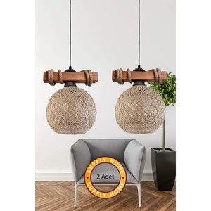 2 Ad Ahşap Halatlı Balle Jüt Küre Top Tekli Sarkıt Avize