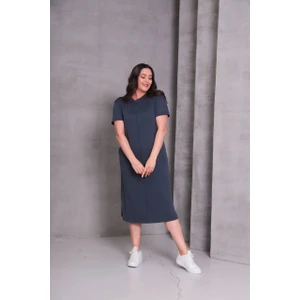 Kadın Büyük Beden Bisiklet Yaka Kısa Kollu Önü Çımalı Çift Yırtmaçlı Çift Cepli Modal Elbise