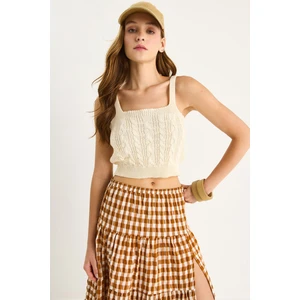 Kadın Kare Yaka Saç Örgülü Askılı Crop Bluz