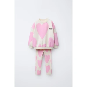 Kız Çocuk Pamuklu Ekru Pembe Kalp Desenli Sweatshirt ve Tayt Takım - Love