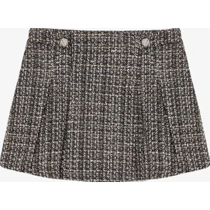 Pileli Düğme Aksesuarlı Tüvit Mini Etek Kahverengi