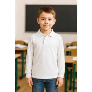 Beyaz Okul T-Shirt , Beyaz Uzun Kollu Polo Yaka Kız Erkek Çocuk Unisex Okul Tişörtü