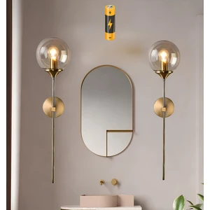 Modern Tasarım Pilli Aplik Glop Bal Camlı Aplik Kablosuz Aç Kapa Butonlu Eskitme Gold