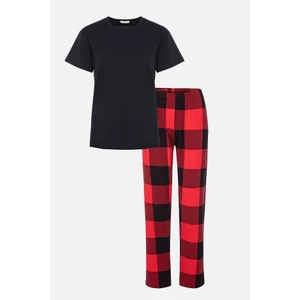 Kadın Kısa Kollu Pamuklu Kırmızı Ekose Desenli Kombinli Pijama Takımı