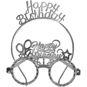 Happy Birthday Tac Gözlük Seti Gümüş Renk Parti Aksesuar