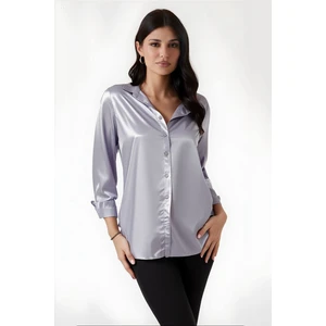 Kadın Gri Hafif Dökümlü Saten Yüzeyli Gömlek HZL22W-BD139641