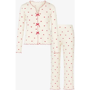Kadın Pamuklu Çıtır Çiçek Desenli Baby Overloklu Fiyonk Detaylı Uzun Kollu Pijama Takımı