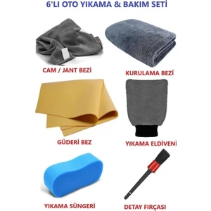 6'lı Mikrofiber Oto Yıkama Seti Kurulama Bezi Cam Bezi Güderi Oto Eldiven Oto Sünger Detay Fırçası