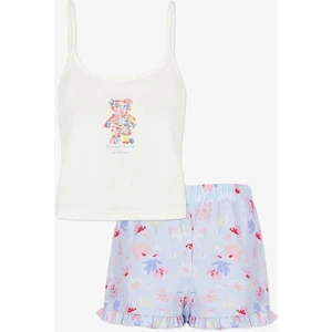 Kadın Pamuklu Mavi Çiçekli Ayıcıklı Baskılı Şortlu Pijama Takımı