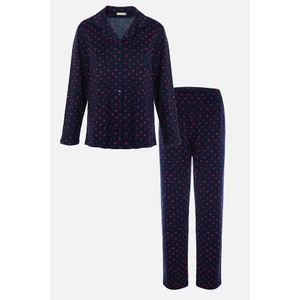 Kadın Lacivert Kırmızı Kalpli Desenli Pamuklu Düğmeli Pijama Takımı
