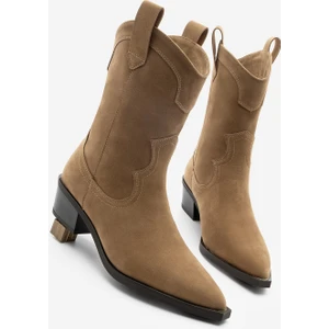 Kadın Sivri Burun Dikiş Detaylı Western Bot Voleta Taba Süet