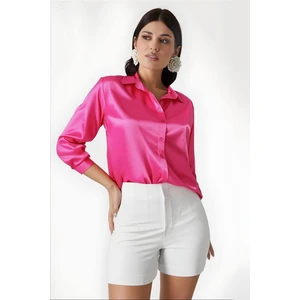 Kadın Canlı Pembe Hafif Dökümlü Saten Yüzeyli Gömlek HZL22W-BD139641