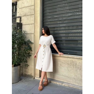 Kadın Krem Kemerli Düğmeli Yazlık Keten Viskon Elbise HZL23S-BD123891