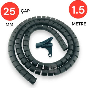 25MM 1,5 Metre Yarıklı Spiral Kablo Kanalı Hortum – Kablo Gizleme ve Izolasyon Borusu, Esneksiyah