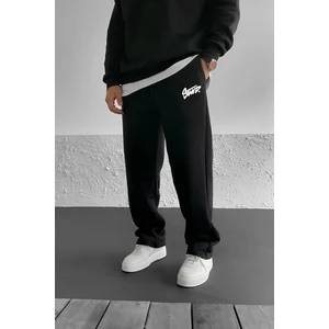 Stwd Baskılı Baggy Siyah Yazlık 3 Iplik Bol Kesim Düz Paça Mevsimlik Eşofman Altı RF0541