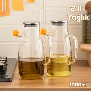 2092 2li Metal Kapaklı Vakumlu Ölçekli Borosilikat Cam Yağdanlık Yağlık Sirkelik 1000+1000ML