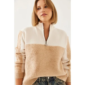 Kadın Yakası Fermuarlı Parçalı Triko Kazak