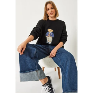 Kadın Ayıcık Baskılı Oversize Triko Kazak