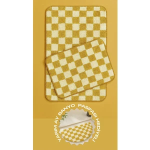 Yarım Ay Paspas Hediyeli Dama Desenli Kaymaz Taban Yıkanabilir 2 Parça Banyo Paspası 60X100 cm Shaggy Chess