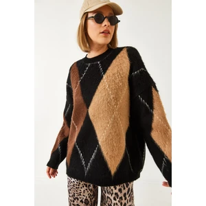 Kadın Baklava Desenli Oversize Triko Kazak