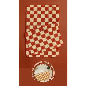 Yarım Ay Paspas Hediyeli Dama Desenli Kaymaz Taban Yıkanabilir 2 Parça Banyo Paspası 60X100 cm Shaggy Chess