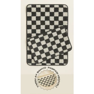 Yarım Ay Paspas Hediyeli Dama Desenli Kaymaz Taban Yıkanabilir 2 Parça Banyo Paspası 60X100 cm Shaggy Chess