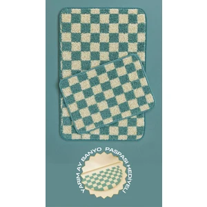 Yarım Ay Paspas Hediyeli Dama Desenli Kaymaz Taban Yıkanabilir 2 Parça Banyo Paspası 60X100 cm Shaggy Chess