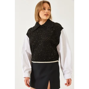 Kadın Gömlek Yaka Ajurlu Triko Kazak