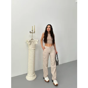 Kadın Kargo Cepli Likralı Yüksek Bel Wide Leg Pantolon