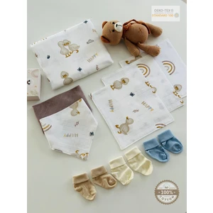 Ftbabycollection %100 Pamuk Yenidoğan Müslin Hediye Seti ( Battaniye ,çorap , Önlük, Ağız Mendili Seti )