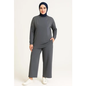 Kadın Gri Tesettür Giyim Zarif Taş Detaylı Tunik & Pantolon Ikili Takım