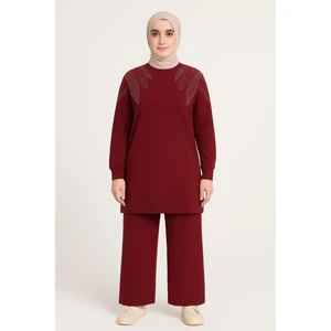 Kadın Bordo Tesettür Giyim Zarif Taş Detaylı Tunik & Pantolon Ikili Takım