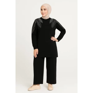 Kadın Siyah Tesettür Giyim Zarif Taş Detaylı Tunik & Pantolon Ikili Takım