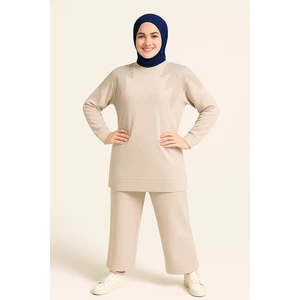 Kadın Bej Tesettür Giyim Zarif Taş Detaylı Tunik & Pantolon Ikili Takım