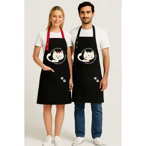 Kumaş Mutfak Önlüğü Seti 2'li Leke Tutmaz Su Itici %65 Pamuk %35 Polyester Kedili Önlük