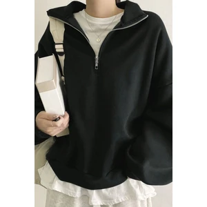 Ghassy Co. Kadın Pamuklu Oversize Silver Yarım Fermuarlı Sweatshirt