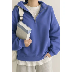 Ghassy Co. Kadın Pamuklu Oversize Silver Yarım Fermuarlı Sweatshirt