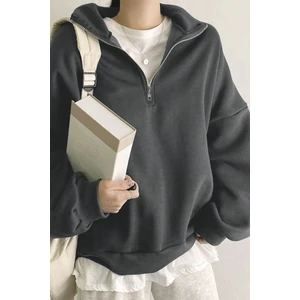 Ghassy Co. Kadın Pamuklu Oversize Silver Yarım Fermuarlı Sweatshirt