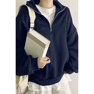 Ghassy Co. Kadın Pamuklu Oversize Silver Yarım Fermuarlı Sweatshirt