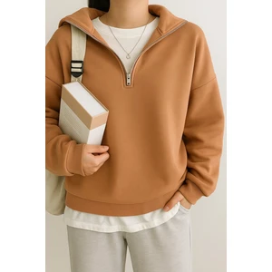 Ghassy Co. Kadın Pamuklu Oversize Silver Yarım Fermuarlı Sweatshirt