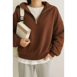 Ghassy Co. Kadın Pamuklu Oversize Silver Yarım Fermuarlı Sweatshirt