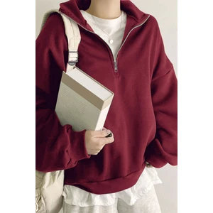 Ghassy Co. Kadın Pamuklu Oversize Silver Yarım Fermuarlı Sweatshirt