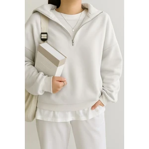 Ghassy Co. Kadın Pamuklu Oversize Silver Yarım Fermuarlı Sweatshirt