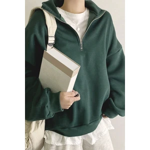 Ghassy Co. Kadın Pamuklu Oversize Silver Yarım Fermuarlı Sweatshirt