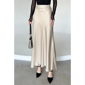 Kadın Şık   Saten Kemeri Lastikli Maxi Boy A Line Etek