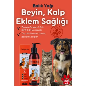 vitpaw Fish Oil 200ml. Kedi Ve Köpekler Için Omega 3-omega 6 Balık Yağı(KALP, BEYİN, TÜY SAĞLIĞI)somon Yağı, Kedi Balık Yağı, Kedi vitamini, Köpek Vitamini