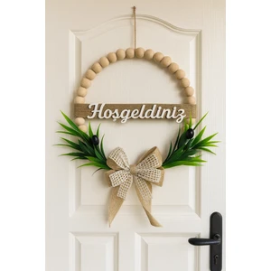 Doğal Ahşap Boncuklu Zeytin Dalı Bohem Özel Tasarım Kapı Süsü Dekor (28 Cm)