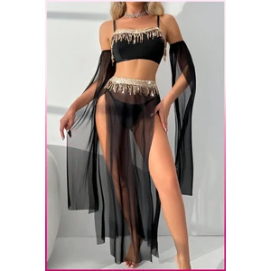 Siyah Pul Aksesuarlı Tül Etekli Kadın Seksi Gecelik