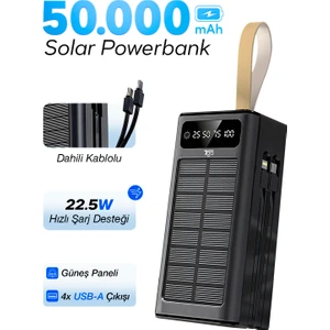 7go Gpw-01 50.000 Mah Solar Powerbank – 22.5 W Hızlı Şarj, Dahili Kablolu, LED Ekranlı Taşınabilir Şarj Cihazı